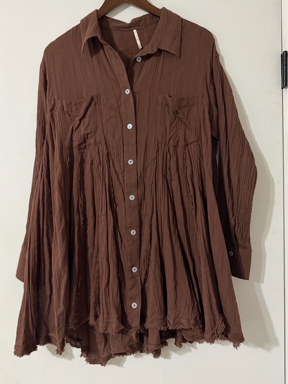 Free People Crinkle Button-Front Mini Shirt Dress Brown Small Boho Gauze
